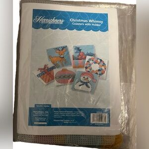 Herrschners Christmas Whimsy Coasters With Holder Set Of 6 + Holder New - Sealed